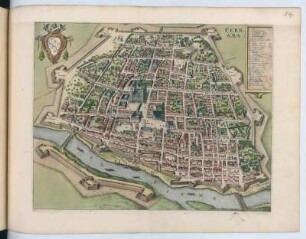 Vogelschauplan von Ferrara, Italien, 1:6 600, kolorierter Kupferstich, um 1682 : Ferrara. - [Ca. 1:6 600]. - [Amsterdam] : [Bÿ d' Erfsgenamen van Joannes Janssonius van Waesberge], [1682]. - 1 Vogelschaubild. : Kupferstich. ; 45 x 35 cm (Karte) +++ Mit Wappen und Gebäudeverz.