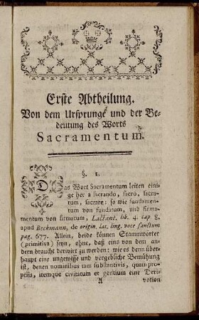 Erste Abtheilung. Von dem Ursprunge und der Bedeutung des Worts Sacramentum.