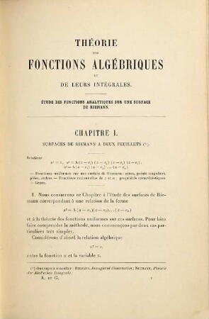 Théorie des fonctions algébriques et de leurs intégrales : étude des fonctions analytiques sur une surface de Riemann