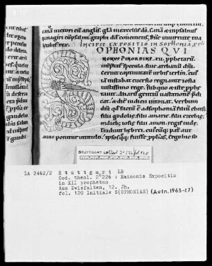 Haimonis enarratio in prophetas minores — Initiale S (ophonias) aus einem Drachen, Folio 120recto