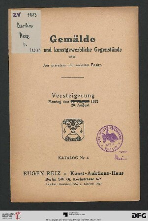Gemälde, Mobiliar und kunstgewerbliche Gegenstände usw. aus privatem und anderem Besitz : Versteigerung 20. August 1923 (Katalog Nr. 4)