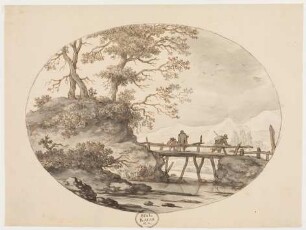 Landschaft mit Brücke und Wanderern
