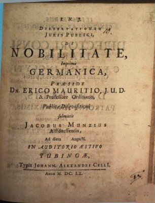 Dissertationem Iuris Publici, De Nobilitate, Inprimis Germanica