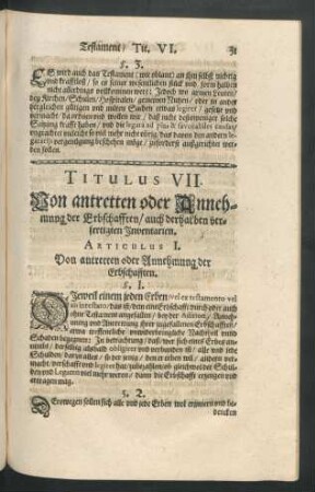 Titulus VII. Von antreten oder Annehmung der Erbschafften/ auch derhalben verfertigten Inventarien.