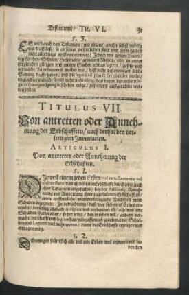 Titulus VII. Von antreten oder Annehmung der Erbschafften/ auch derhalben verfertigten Inventarien.
