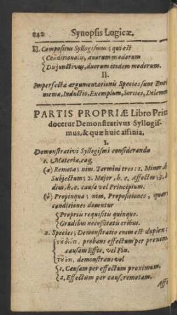 Partis Propriae Libro Primo docetur Demonstrativus Syllogismus, & quae huic affinia.
