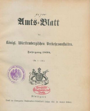 1898: Amtsblatt der Württembergischen Verkehrsanstalten