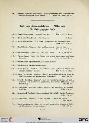 Holz- und Stein-Skulpturen. Möbel und Einrichtungsgegenstände (Nr. 510-563)