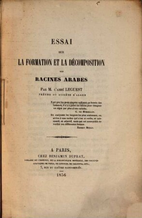Essai sur la formation et la décomposition des racines arabes