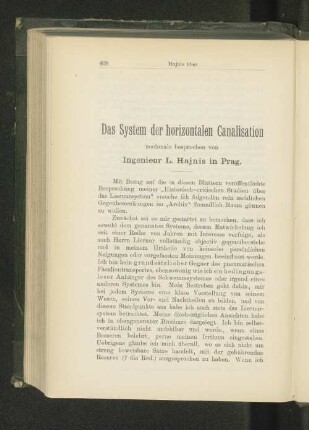 Das System der horizontalen Canalisation nochmals besprochen von Ingenieur L. Hajnis in Prag.