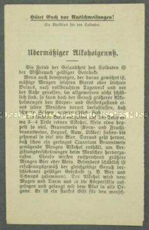 Merkblatt für Soldaten über die Gefahren des Alkohol-Genusses und zur Vermeidung von Geschlechtskrankheiten