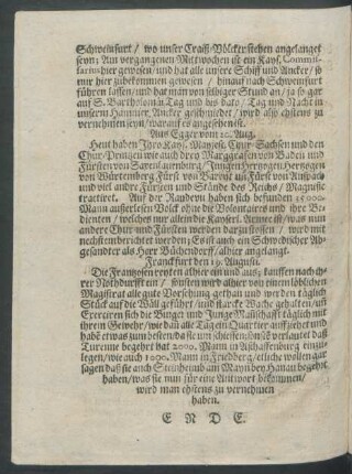 Franckfurt den 19. Augusti.
