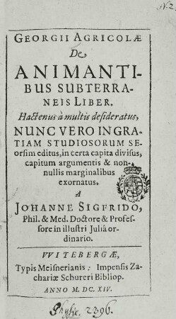 De animantibus subterraneis Liber, Titelblatt