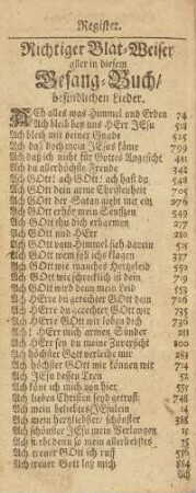 Richtiger Blat-Weiser aller in diesem Gesang-Buch / befindlichen Lieder.