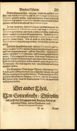Der ander Theil. Von Gottesforcht/ Disciplin und zucht der Pedagogen und Knaben ...