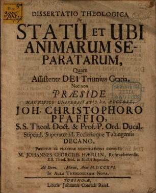 Diss. theol. de statu et ubi animarum separatarum