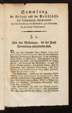 3-55, Sammlung der Gesezze und der Beschlüsse des Vollziehungs-Direktoriums über die Einrichtung des Forstwesens, zum Gebrauche der vier neuen Departemente.