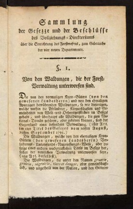 3-55, Sammlung der Gesezze und der Beschlüsse des Vollziehungs-Direktoriums über die Einrichtung des Forstwesens, zum Gebrauche der vier neuen Departemente.