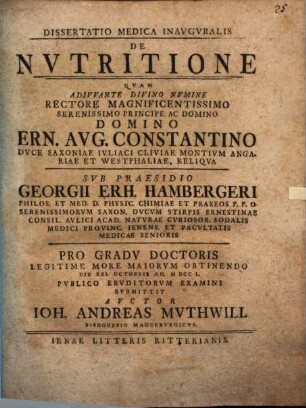 Dissertatio Medica Inavgvralis De Nvtritione