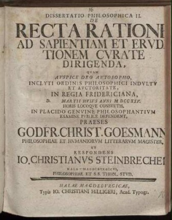 2: Dissertatio Philosophica II. De Recta Ratione Ad Sapientiam Et Ervditionem Cvrate Dirigenda.