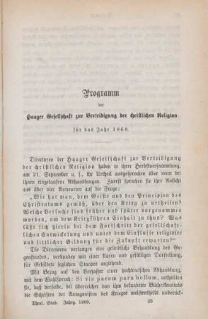 381-388 Programm der haager Gesellschaft zur Vertheidigung der christlichen Religion für das Jahr 1868
