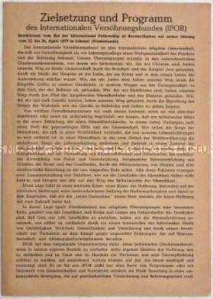 Flugschrift mit dem Programm des Internationalen Versöhnungsbundes - Sachkonvolut
