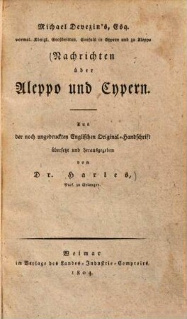 Nachrichten über Aleppo u. Cypern