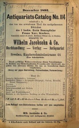 Antiquarischer Katalog. 114. 1892