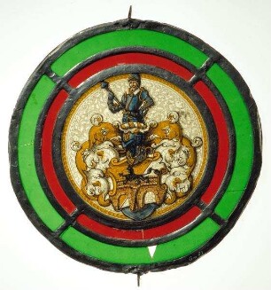 Kabinettscheibe mit Wappen (schreitender Löwe/Panther in Schwarz über zweibogiger Brücke)