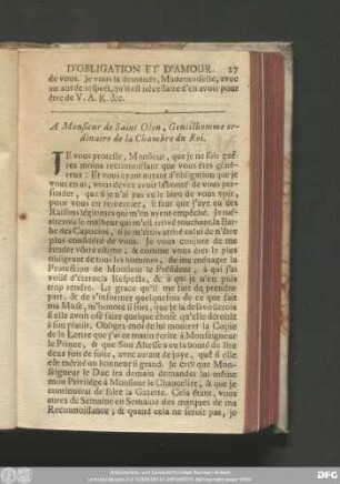 A Monsieur de Saint Olon, Gentilhomme ordinaire de la Chambre du Roi.