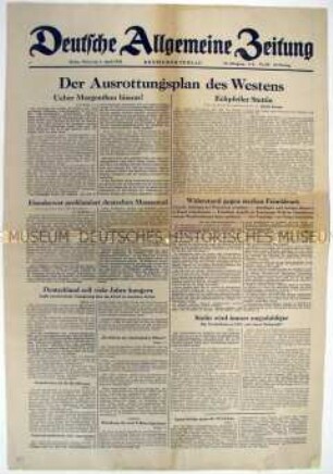 Tageszeitung "Deutsche Allgemeine Zeitung" mit Hetze gegen die Alliierten und Durchhaltepropaganda
