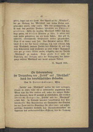 Die Ueberwindung der Verquickung von "Politik" und "Wirtschaft" durch den berufsständischen Gedanken