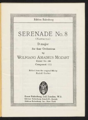 Serenade No. 8 (Notturno) D major : for four orchestras : Köchel No. 286