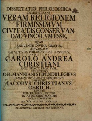 Diss. phil. demonstrans veram religionem firmissimum civitatis conservandae vinculum esse