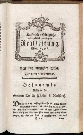 Acht und vierzigstes Stück. Den 26ten Wintermonat. Wien, 1776.