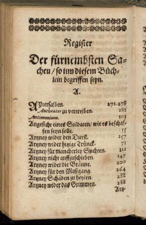 Register Der fürnembsten Sachen/ so inn diesem Büchlein begriffen seyn.