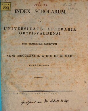 Index scholarum in Universitate Litteraria Gryphiswaldensi ... habendarum. SS 1824