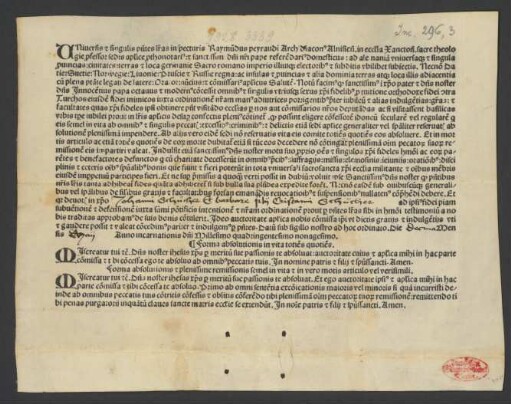 Ablassbrief zum besten des Kampfes gegen die Türken. 1490