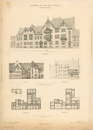 Landratsamt (Kreishaus), Neuruppin Monatskonkurrenz August 1893: Grundriss Erdgeschoss, Obergeschoss, Aufriss Rückansicht, Hofansicht, perspektivische Ansicht (Straßenansicht); 2 Maßstabsleisten