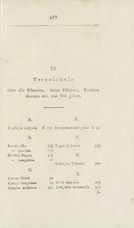 XI. Verzeichnis über die Pflanzen, deren Blüthen, Früchte, Saamen etc. ein Oel geben