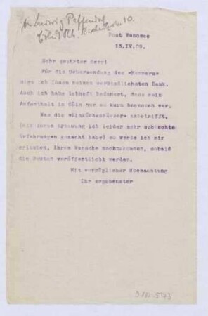 Schreiben an Architekten Paffendorf, Cöln (Brief)