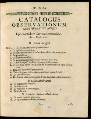 Catalogus Observationum Anni Quarti Et Quinti Ephemeridum Germanicarum Medico - Physicarum.
