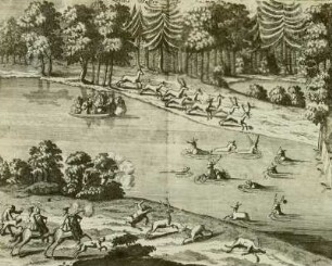 Wasserjagd. Reproduktion aus: Hans Friedrich von Fleming "Der Vollkommene Teutsche Jäger", 1719