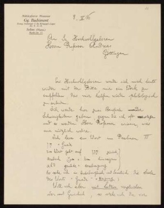 Nr. 6: Brief von Georg Bachimont an Friedrich Carl Andreas, Soltau, 8.9.1916