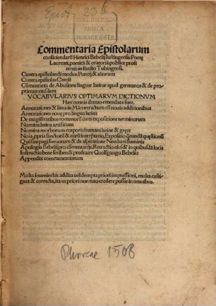 Commentaria epistolarum conficiendarum Henrici Bebelii Iustingensis poetae laureati