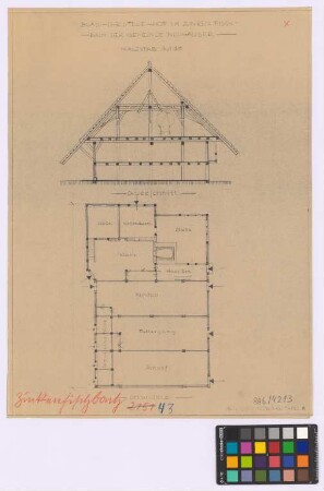 Fischbach bei Neuhäuser (Landkreis Freiburg): Bläsi-Christelehof [Bläsichristenhof]. Haupthaus (Querschnitt, Grundriss des Erdgeschosses)