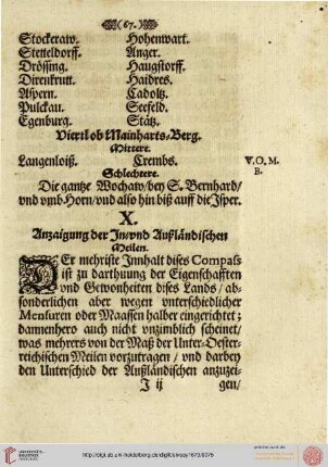 X. Anzaigung der In/vund Außländischen Meilen