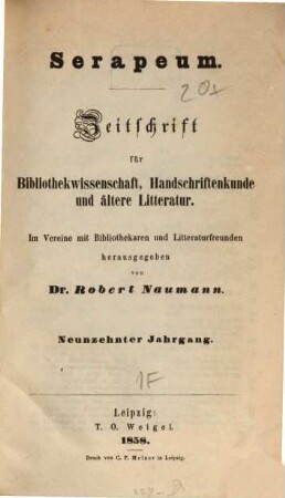 Serapeum : Zeitschrift für Bibliothekwissenschaft, Handschriftenkunde und ältere Literatur, 19. 1858