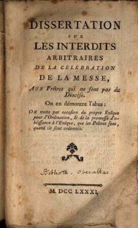 Dissertation sur les interdits arbitraires de la Célébration de la Messe