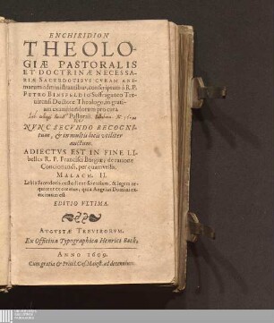 Enchiridion Theologiæ Pastoralis Et Doctrinæ Necessariæ Sacerdotibvs Cvram Animarum administrantibus